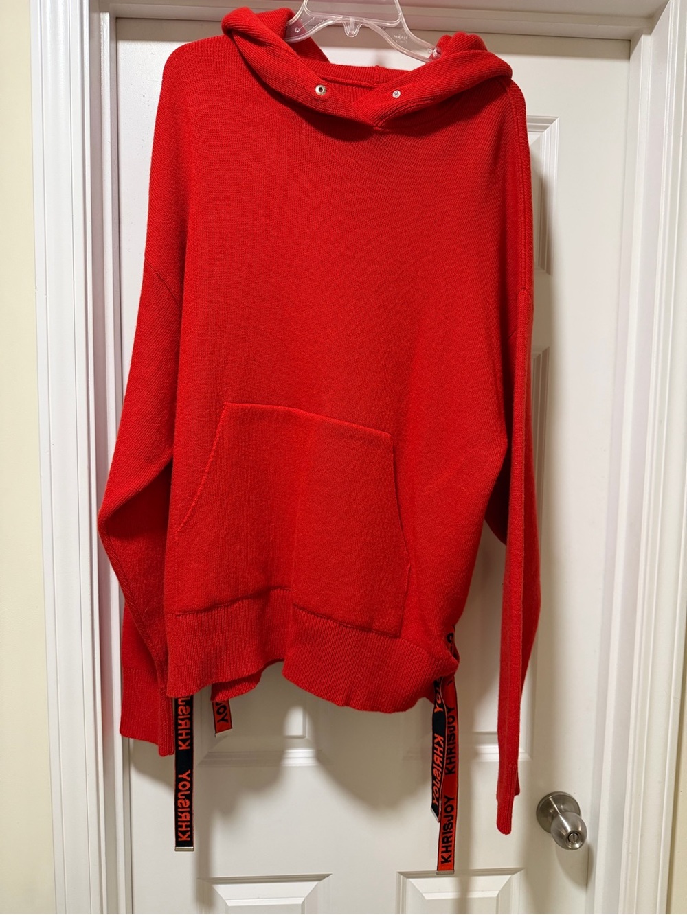 NWT KhrisJoy Cherry Red Hooded Knit Pullover sweater front pocket size 01